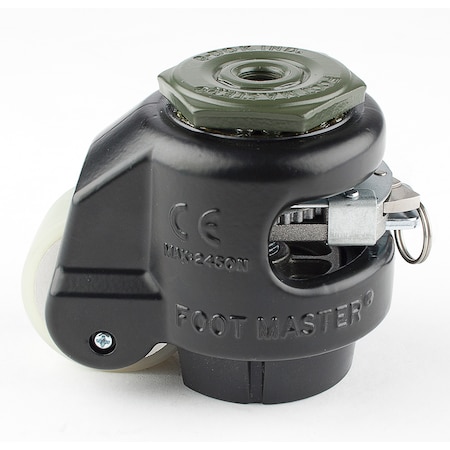 Foot Master Leveling Caster, Ratchet, 50 mm PU Wheel, M12x1.75P Stem, Swivel, 250 kg Cap, NBR Foot Pad, Black GDR-60-S-HUP-FBL